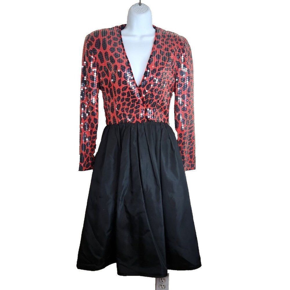 Vintage Chetta B Red Black Taffeta Sequin Dress S Fit Flare Animal Print Pockets